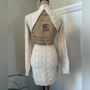 Open-Back Cable-Knit Long Sleeve Sweater Dress - Cream